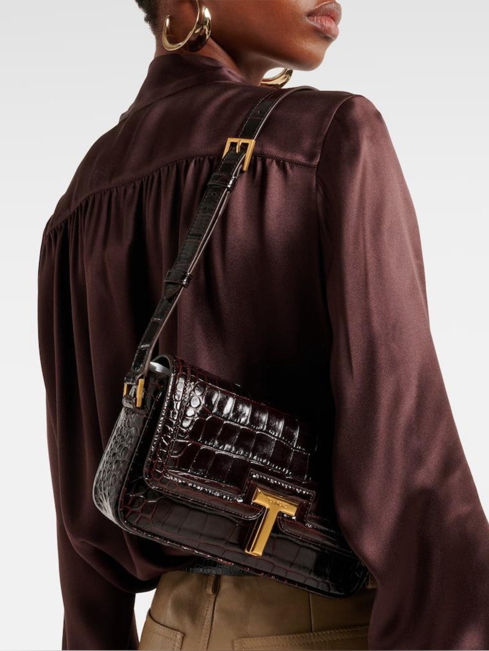 Tom Ford Dark Brown Croc-Embossed Leather Crossbody with Gold Hardware